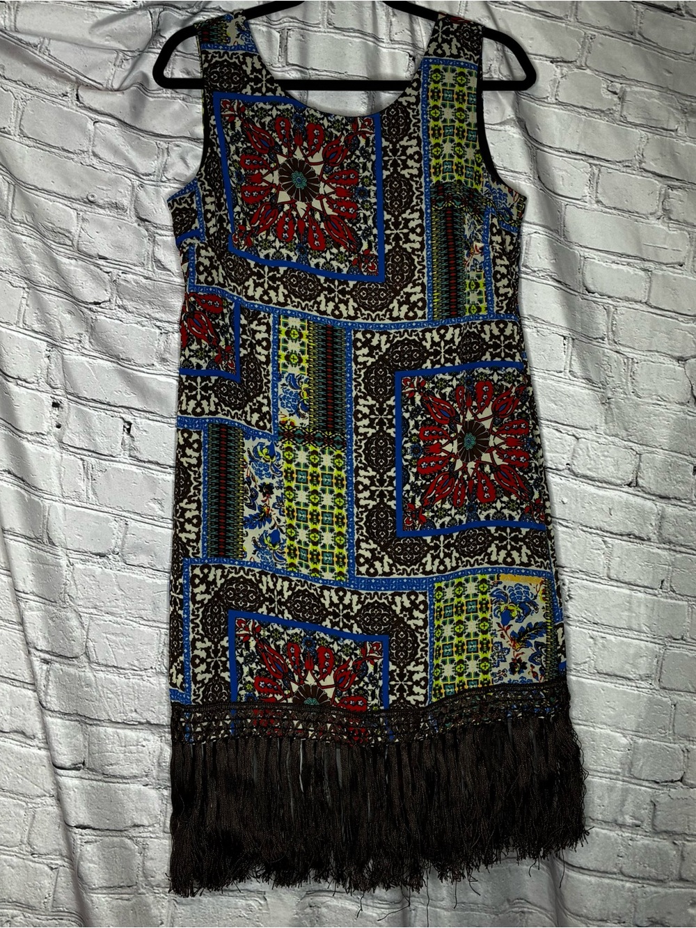 Maximalist Retro 70s Geometric Patchwork Boho Hippie Fringe Shift Dress Sz 10